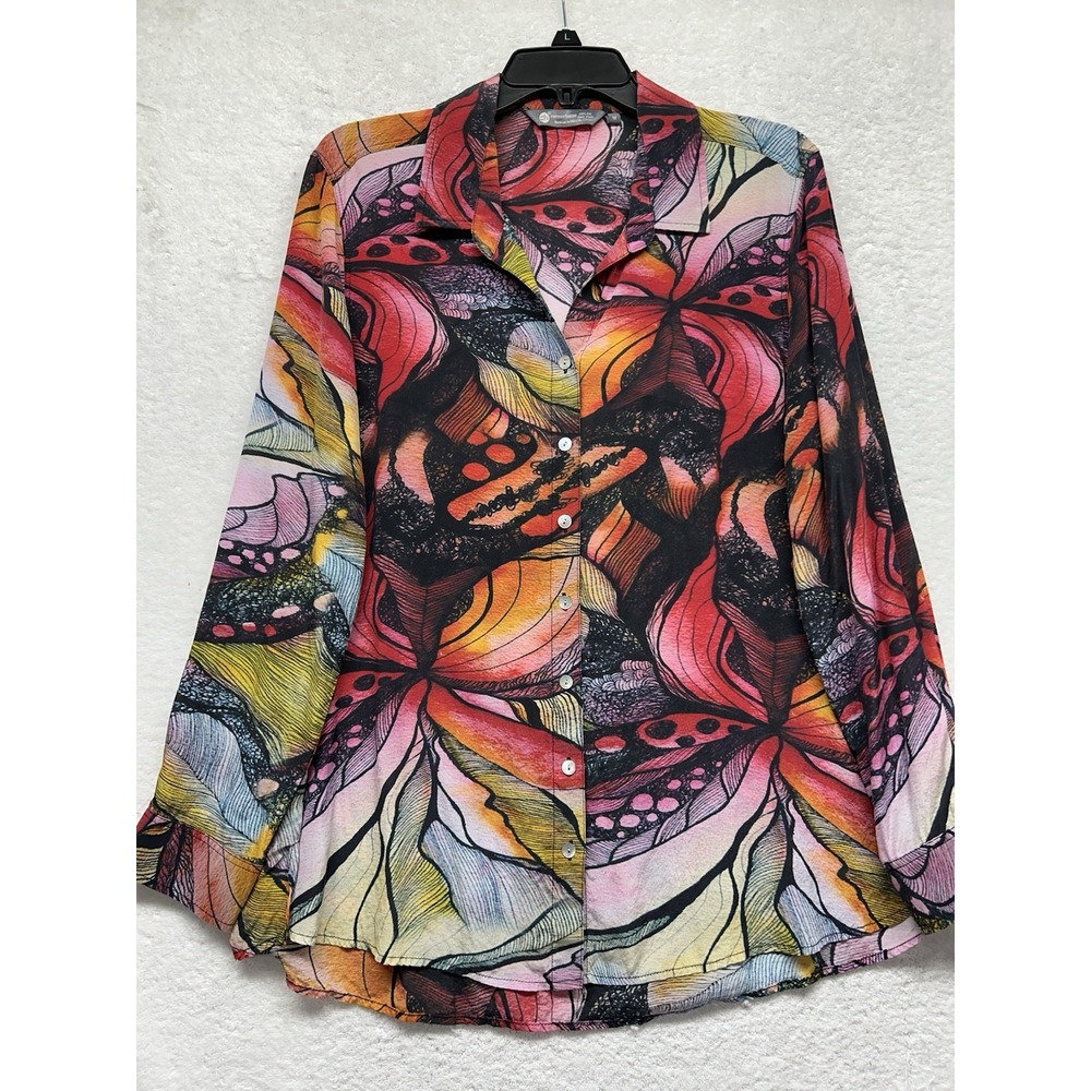 Cocoon House Womens Size M Red Silk Button Up Long Sleeve Printed Shirt Top (M3)